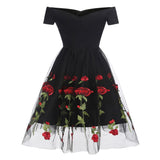 1950s Party New Year Embroidery Rose Floral V Neck Sleeve Black Women Dress