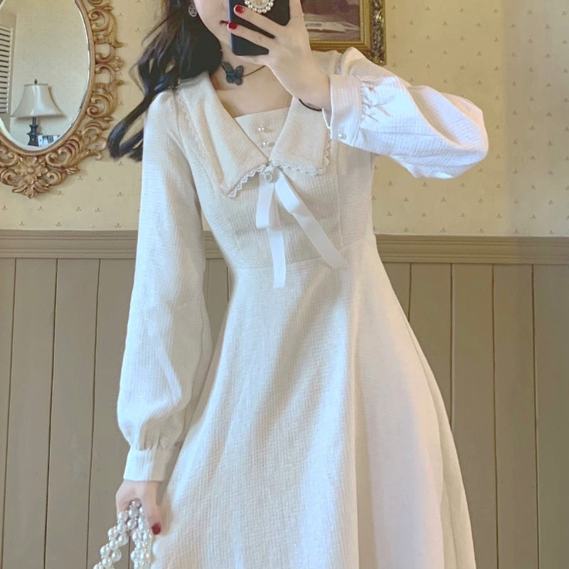 Winter Kawaii Vintage One Piece Dress Women Elegant Lace Party Midi Dr –  TiktokDresses