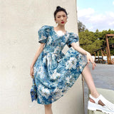 French Vintage Print Party Blue Dresses Women Korean Style Designer Sweet Cute Dress A-line Puff Sleeve Retro Dress Sunmmer