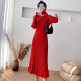 Women Spring Autumn 2021 O-Neck Knit Dress Female Ruffle Long Sleeve A-Line Midi Sweater Dress