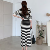 Women  Striped Lace Up Office Ladies Elegant Side Split  Vestidos Casual Long Sleeve Robe Autumn Spring Dress