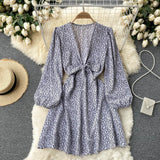 Spring Autumn Women Deep V Neck Tie Bow Print Casual Dress Elegant Vintage Long Sleeve Mini Dress