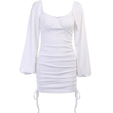 Long Sleeve Ruched Drawstring White Lantern Sleeve Pleated Vintage Casual Women Dress