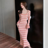 Vintage Striped Ladies Midi Dress Autumn Elegant Women Stretched Knitted Dress Full Sleeve Female Sweater Bodycon Vestidos