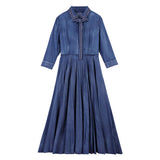 Women Spring Denim Three Quarter Sleeve High Waist With Belt Design Long Elegant Vintage Dress