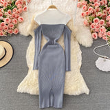 Women O-Neck Contrast Color Patchwork Knitted Sweater Dress Elegant Cut Out Long Sleeve Sexy Bodycon Midi Dress