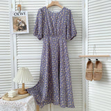 Elegant Waist Tie Vintage Floral Chiffon Midi Dress O-Neck Short Puff Sleeve Summer Dress