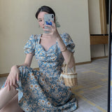 Summer Floral Dress Women French Style Puff Sleeve Chiffon Split Dress Oversize Korean Print Dress