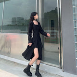 Black Split Dress Women Elegant Designer Gothic Dress Female Streetwear Irregular Ruffles Party Dress Autumn Clothes Women 2020