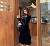 Black Velvet Dress Women 2021 Winter Vintage Lace Midi Dress Evening Party One Piece Dress Korean Fashion Slim Bandage Clothing