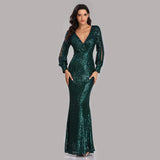 Sexy V-neck Mermaid Evening Dress Long Formal Prom Party Gown Full Sequins Long Sleeve Galadress Vestidos Women Dress