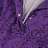 Notched Collar Shirred High Waist Cat Print Purple Mini Short Sleeve Summer Vintage Dress