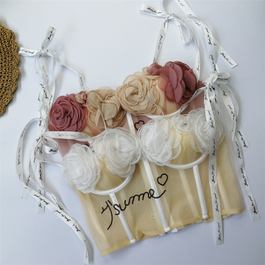 Lace Up Flowers Sweet Corset Top With Cups Women Cropped Nightclub Party Sexy Crop Top Push Up Bustier Cami Built in Bra
