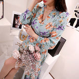 Women Elegant V-neck Midi Ruffle Dress 2021 Autumn Female Puff Sleeve Casual Pringting A-line Ladies Vestidos