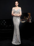 Sliver Sequin Dress Sexy V Neck Beading Evening Dress Women Party Strap Maxi Dress