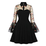 Floral Embroidered Mesh Long Sleeve Vintage Turn-Down Collar Keyhole Black A-Line Mini Dress