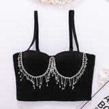 Sexy Beaded Tassel Rhinestone Women Camis Cropped Top Corset Crop Top To Wear Out Push Up Bustier Bra