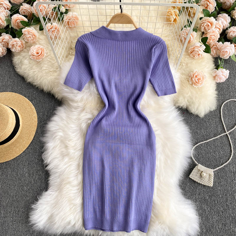 Polo Neck Solid Color Casual Ribbed Knitted Dress Woman Short Sleeve Sexy Mini Bodycon Dress