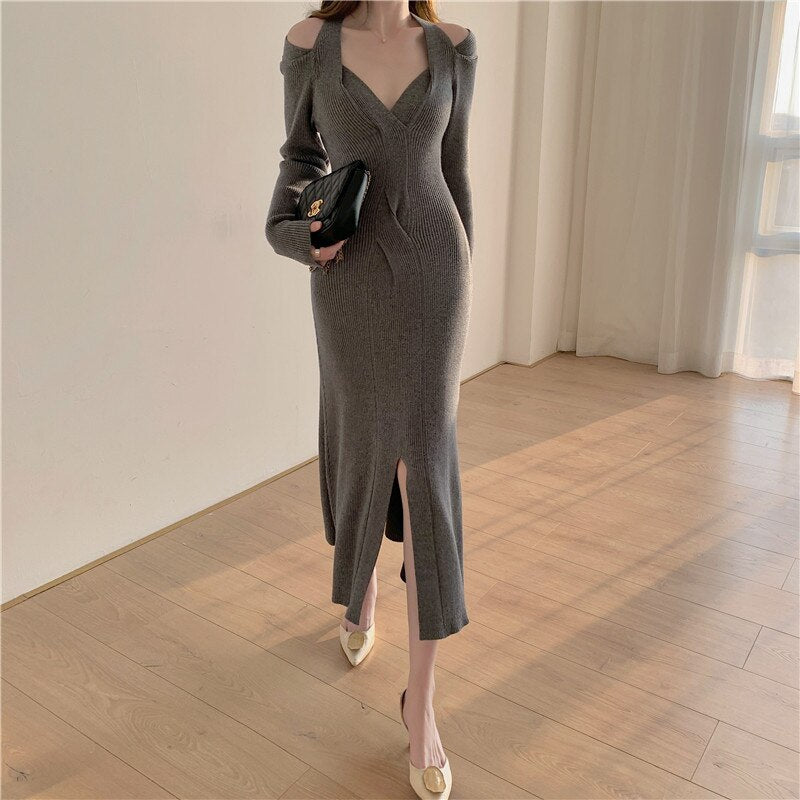 Elegant V Neck Long Sleeve Ribbed Knitted Dress Front Slit Sexy Bodycon Dress