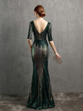 New Women See-through Green Sequin Evening Dress Long Slit Party Dress