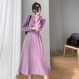 Women's Midi Knitting Dress Spring Autumn Female Slim V-Neck Lady Bottoming Pleated Sweater Dresses Vestidos