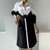 Women Patchwork A-line Dress Autumn Ladies Vestidos Single-breasted Full Sleeve Belted Female Dresses