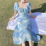 Summer Elegant Floral Dress French Print Vintage Casual Sexy Long Dress Female Classy Chic V-neck Kawali Party Beach Dress 2021