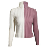 Ribbed Patchwork Sweater Women Contrast Color Pull Long Sleeve Slim Ladies Jumper Casual Spring Turtleneck Knit Tops