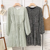 Women Chiffon Elegant Vintage Print Casual Dress Round Neck Long Sleeve Mini Dress With Belt