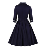 Navy Blue Women Cotton V Neck Long Sleeve Robe Pin Up Swing Office Ladies Dresses