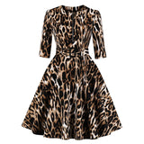 Sexy Leopard Print 3/4 Sleeve Cotton Belt Robe Pin Up Swing Retro Vintage Dresses With Pockets