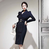 Women OL Dress Elegant Double Breasted Sashes Female Vestidos 2021 Spring Lapel Knee-Length Business Wear Dress