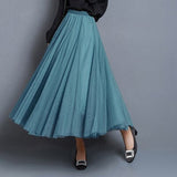 Women High Waist Mesh Solid A-Line Long Casual Pleated Skirts Streetwear