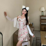 Sweet Floral Print Strap Dress Women Elegant French Kawaii Sleeveless Dress Female Casual Ruffle V-neck Party Dress Summer 2021