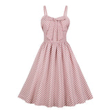 Pink Plaid Vintage High Waist Spaghetti Strap Bowknot Robe Pin Up Swing Casual Dress