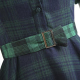 Blue and Green Plaid Vintage Women Button Up Shirt Dress with Belt