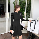 Women Winter Puff Sleeve Casual Dress Female Long Sleeve O-Neck Mini Rib Knitted Slim Wrap Dress