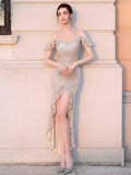 New Women Party Dress Elegant Short Fornt Long Back White Sequin Evening Dress