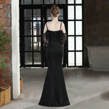 Elegant Beads Black Evening Dress Women's Strap Dress Long Party Dress