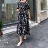 2021 Summer New O Neck  Women Short Sleeve Dress Elegant Hit Color Female Lace-up Printed Midi Dress Vestidos