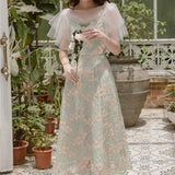 Summer Floral Dress Women Elegant Vintage Retro Fairy Dress Casual Slim Fit Embroidered Lace Korean Sweet Dress
