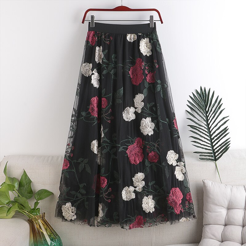 New Women A-Line Stretch High Waist Flower Embroidery Long Spring Mesh Skirt