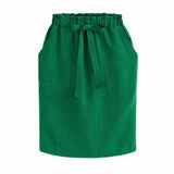 Women Elastic High Waist Pocket Skirt Cotton Linen Bodycon Skirts