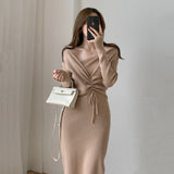 Women V-Neck Drawstring Knitted Midi Dress Korean Elegant Long Sleeve Autumn Winter Female Chic Sweater Dresses