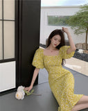 Women Summer Yellow Floral Dress Hollow Out Midi Slim Casual Party Retro Short Puff Sleeve Dress