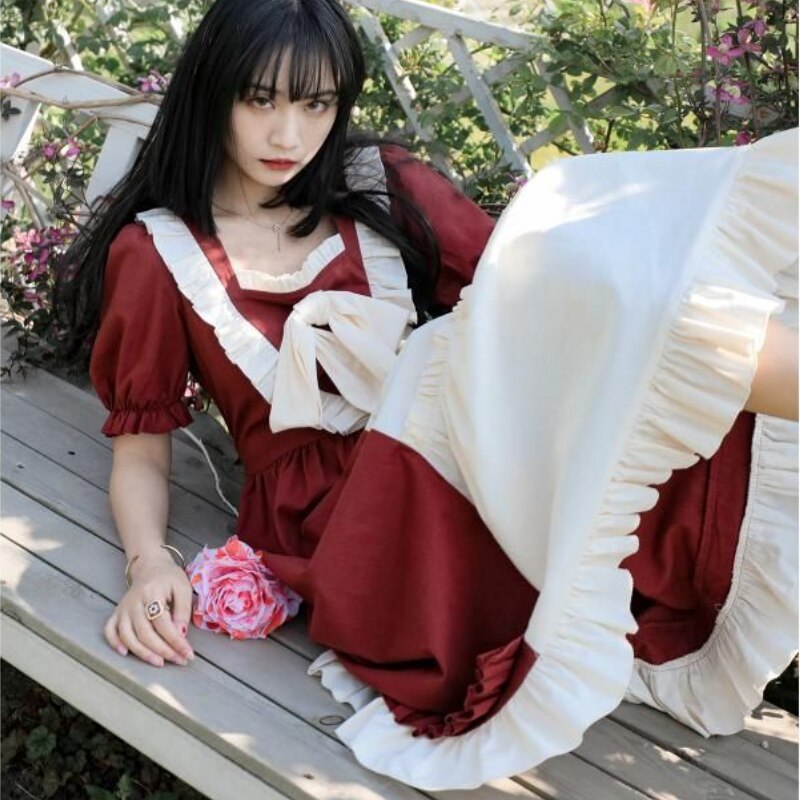 Lady Girl Japanese Lolita Dress Cosplay Kawaii Ruffle Puff Sleeve Cute  Retro Red