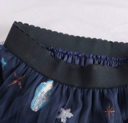High Waist Mesh Women Cartoon Embroidery A-Line Pleated Skirts Sweet Outwear