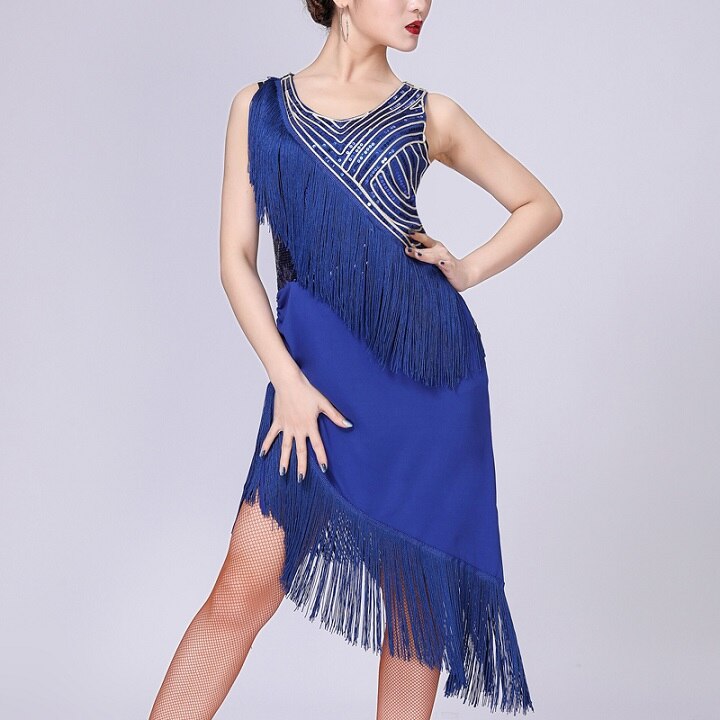 Sequin Fringe V-Neck Sleeveless Ballroom Cha Cha Party Tassel Dress Sequined High Low Hem Bodycon Dance Dress