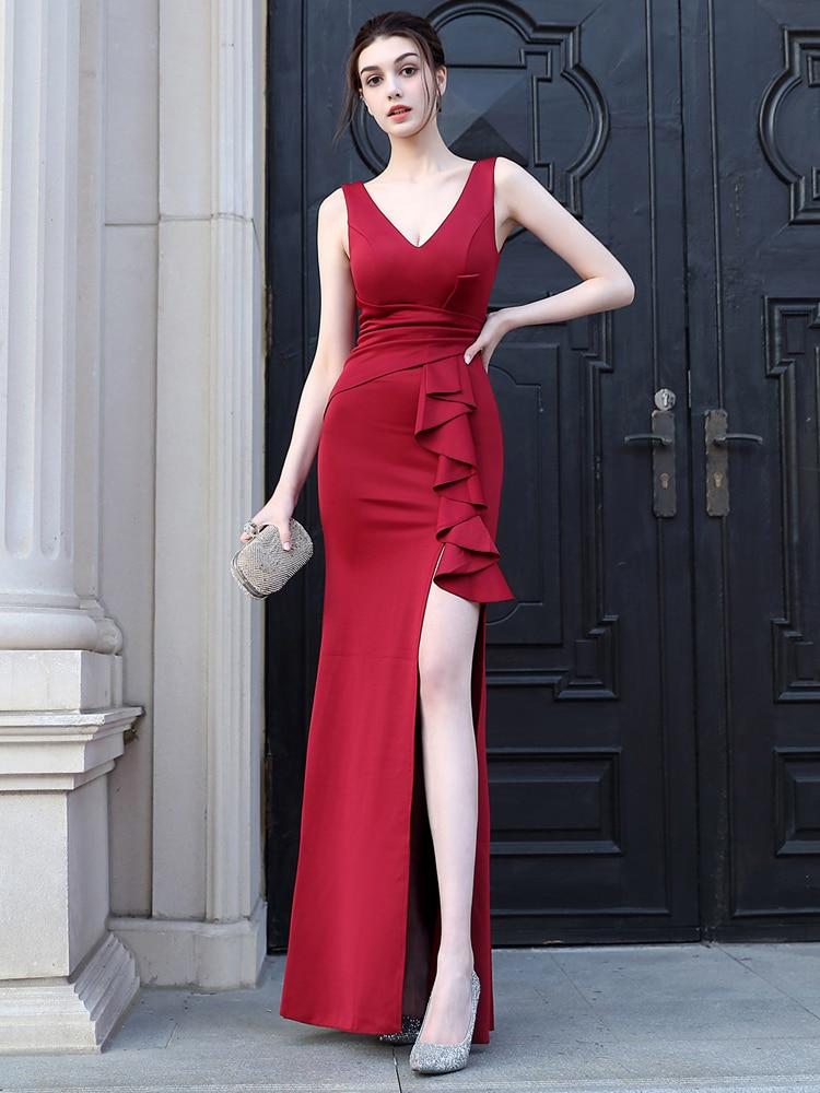Red Soft Satin V Neck Slit Prom Dress Women Sexy Party Maxi Dress