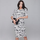 Summer Office Lady Wear Women Print Formal  Bodycon Short Slevess Dress